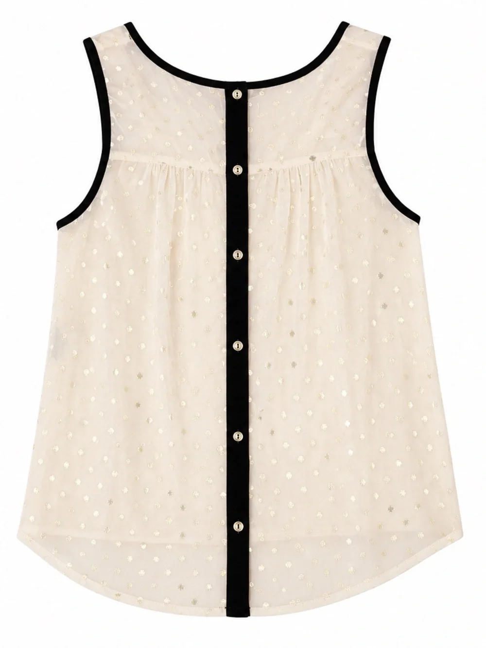 Monteau Ivory Swiss Dot Sleeveless Blouse Size Medium Sheer Black Trim - Picture 2 of 2